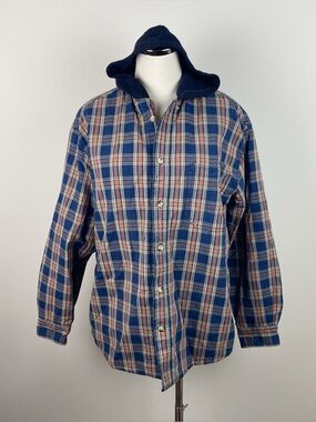 Comfort Outfitter Flannel Plaid Hooded Button Down Coat Quilted Lining Men Large